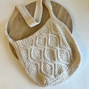 Cream Woven Soft Knit Shoulder Tote Medium Market Book Bag